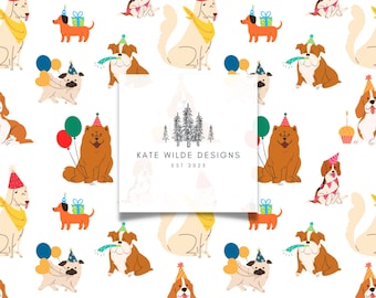 Naadloos patroon verjaardagsfeestje hond: commercieel gebruik (digitale download)
