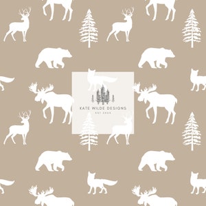 Natuurpatroon, lichtbruin patroon, naadloos herhaalpatroon, elandpatroon, berenpatroon, naadloos behang, digitale download