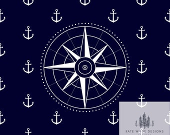 Naadloos patroon kompas en ankers: wit op marineblauw (digitale download)