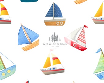Naadloos patroon aquarel zeilboot: kinderbehang (digitale download)