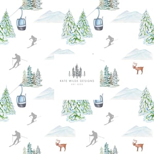 May include: A seamless pattern featuring watercolor illustrations of a snowy mountain landscape with pine trees, cable cars, skiers, and reindeer. The pattern is on a white background and includes the text "Kate Wilde Designs Est 2023".
