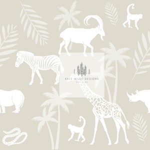 Op de afbeelding: Een beige achtergrond met witte silhouetten van verschillende dieren, waaronder een zebra, een giraffe, een neushoorn, een aap en een geit. De afbeelding bevat ook palmbomen en een logo met de tekst "Kate Wilde Designs Est. 2023".