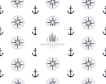 Patroon nautisch anker en kompas: naadloze marineblauwe print (digitale download)