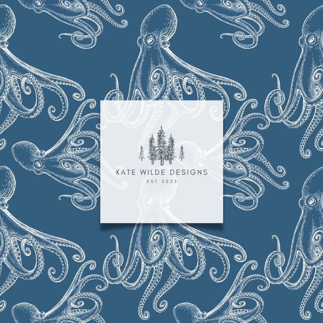 White on Blue Octopus Pattern, Seamless Repeat Pattern, Repeat Digital ...