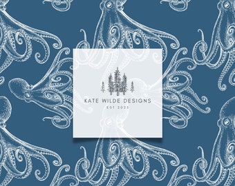 Herhalingspatroon octopus: wit op blauw, naadloos behang (digitale download)