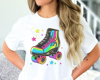 Retro 80's Roller Skates T-Shirt - Neon Rainbows & Stars - Fun, Nostalgic Skating Party Tee