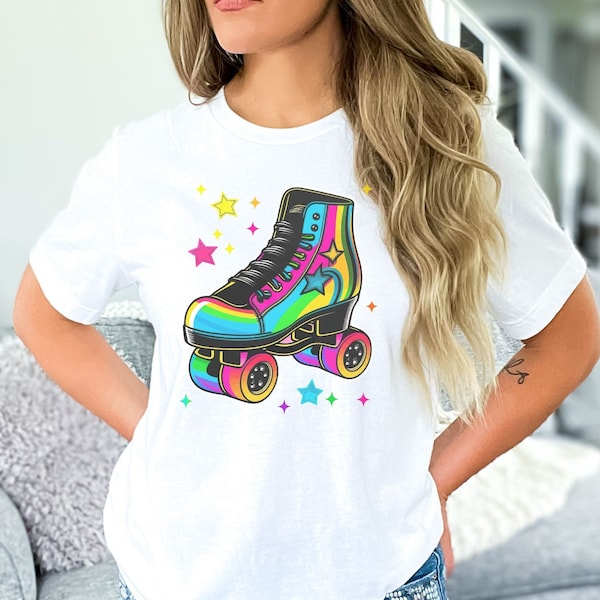 Retro 80's Roller Skates T-Shirt - Neon Rainbows & Stars - Fun, Nostalgic Skating Party Tee