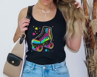 Retro 80s Roller Skates Tank Top: Neon Rainbows & Stars