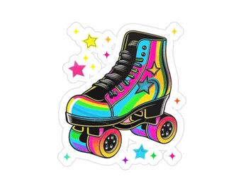 May include: A rainbow roller skate with black laces and white stars. The wheels are pink, orange, yellow, green, and blue.