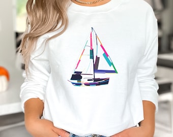 Bright Sailboat Outline Sweatshirt - Vibrant Nautical Design - Cozy & Stylish Winter Top for Sea Lovers