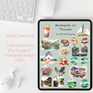 Taiwan Travel GoodNotes STICKERS Sheet for Travel Journal, planificateur, clipart, autocollants de voyage numériques Taipei, scrapbooking png aquarelle