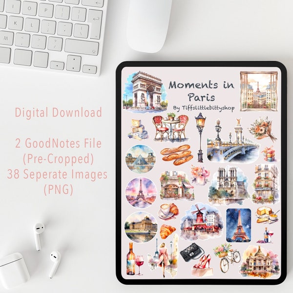 Paris GoodNotes STICKERS Sheet for Travel Journal, clip art, clipart, digital Travel stickers, scrapbooking png watercolour travel planner