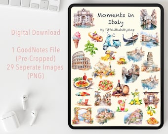 Italy GoodNotes Digital STICKERS Sheet for Travel Journal, clip art, clipart, digital Travel stickers, scrapbooking png watercolour planner