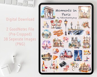Paris GoodNotes Digital STICKERS Sheet for Travel Journal, clip art, clipart, digital Travel stickers, scrapbooking png watercolour planner