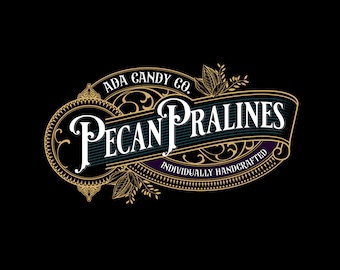 May include: A gold and black logo with ornate details for Ada Candy Co. Pecan Pralines. The text "Individually Handcrafted" is in a smaller font below the main text.