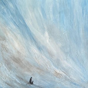May include: An abstract painting featuring a textured surface with shades of light blue, white, and soft gray. The composition includes two small, dark, indistinct figures positioned near the bottom, set against a vast, swirling sky-like background.