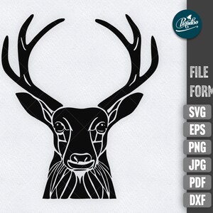 Peut inclure: Silhouette noire et blanche d'une tête de cerf avec des bois. Les yeux, le nez et la bouche du cerf sont visibles.
