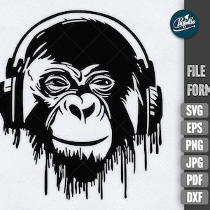 Glücklicher Affe SVG Kopfhörer Musik Clipart sofortiger Download geschnittene Datei für Cricut und Silhouette Plotter, Affe dxf, Musik Liebhaber Shirt design