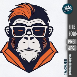 Puede incluir: Una ilustración de dibujos animados de un mono con gafas de sol y una chaqueta naranja y azul. El mono tiene un corte de pelo elegante y una expresión seria.