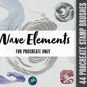 May include: A set of 44 Procreate stamp brushes featuring wave elements. The brushes are designed for use in the Procreate app and are perfect for creating decorative designs. The image shows a variety of wave elements, including swirls, circles, and abstract shapes.