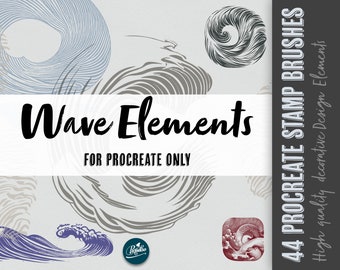 44 Procreate stamps set, Procreate stamp brushes, Instant download Wave and water design procreate brushes