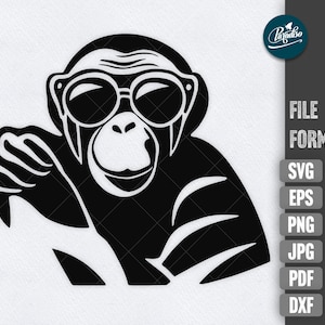 Peut inclure: Graphique noir et blanc d'un chimpanzé portant des lunettes de soleil. Le chimpanzé est représenté dans une pose détendue, la main posée sur sa jambe. L'image comprend le texte "Paradiso" et les formats de fichiers : SVG, EPS, PNG, JPG, PDF et DXF.