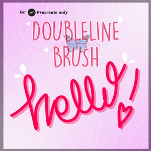 May include: A pink and white background with a white butterfly and hearts. The text "DOUBLELINE BRUSH" is in pink and the text "hello!" is in red. The text "For Procreate only" is in the top left corner.
