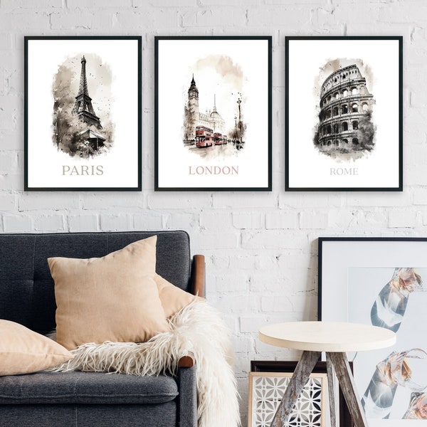 Travel Adventures: Europe | Set of 3 | London, England |  Paris, France | Rome, Italy | Sumi-E Watercolor | Print Poster | Digital Download