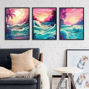 Puede incluir: Tres impresiones enmarcadas de una escena de playa tropical con palmeras, cielo rosa y azul y olas turquesa rompiendo en la orilla.