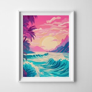 Atardecer tropical con olas #3 / Pintura digital / Hawái / Paisaje / Naturaleza / Arte de pared / Decoración del hogar / Póster imprimible / Descarga instantánea