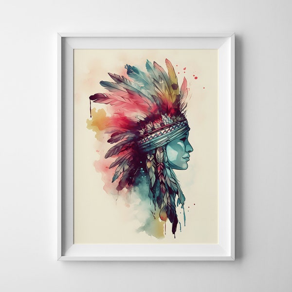 Femme amérindienne | Bohème | Aquarelle | Coiffe à plumes | Art mural du sud-ouest | Décoration intérieure | Affiche imprimable | Téléchargement numérique