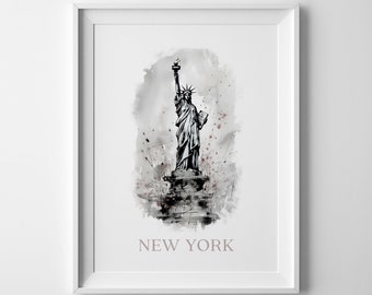 Travel Adventures: New York | Statue Liberty | Sumi-E | Watercolor | Wall Art | Home Decor | Printable Poster | Digital Download