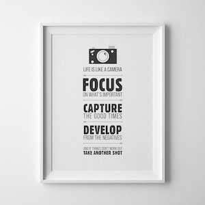 A vida é como uma câmera | Citações inspiradoras | Citações motivacionais | Baixar arte digital | Pôster | Arte de parede