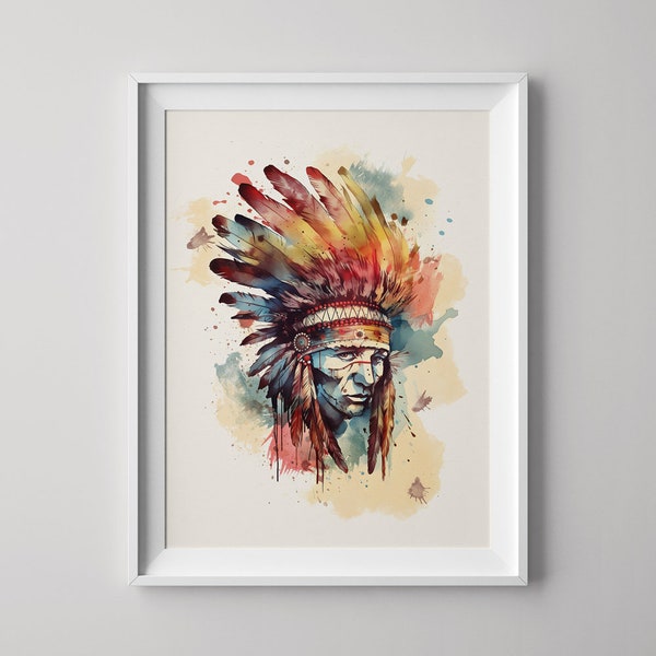 Homme amérindien | Bohème | Aquarelle | Sud-ouest | Coiffe à plumes | Art mural | Décoration d'intérieur | Affiche imprimable | Téléchargement numérique