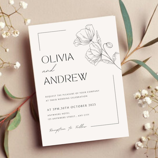 Minimalist Wedding Invitation Template | Modern Secret Garden Floral Wedding Invite | Simple Clean Aesthetic Canva Editable Template