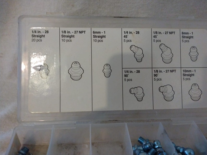 Op de afbeelding: Een transparante kunststof opbergdoos met een wit label. Het label toont een verscheidenheid aan verschillende maten en stijlen van smeernippels. Het label bevat de volgende tekst: 1/4 in. - 28 Straight 20 pcs, 1/8 in. - 27 NPT Straight 10 pcs, 6mm - 1 Straight 10 pcs, 1/4 in. - 28 45 5 pcs, 1/8 in. - 27 NPT 45 5 pcs, 8mm - 1 Straight 5 pcs, 1/4 in. - 28 90&deg; 5 pcs, 1/8 in. - 27 NPT 90 5 pcs, 10mm - 1 Straight 5 pcs.