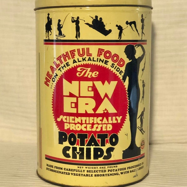 Vintage 1950's Healthful Food New Era Potato Chip Scientifically Processed Chicago IL Tin Can