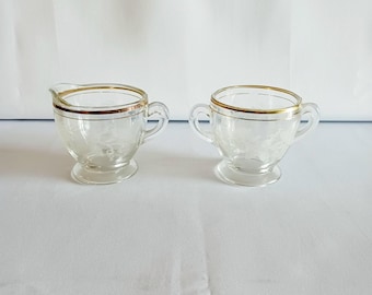 Glass Clear Depression Frosted Fruits Sugar Bowl & Creamer Set