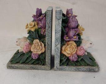 Vintage Ceramic Rabbit and Flower Bookends