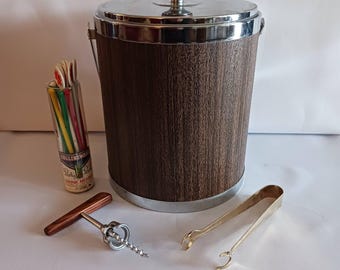 11” Kromex MCM Ice Bucket – Featuring a Faux Walnut Wood-Grain Finish