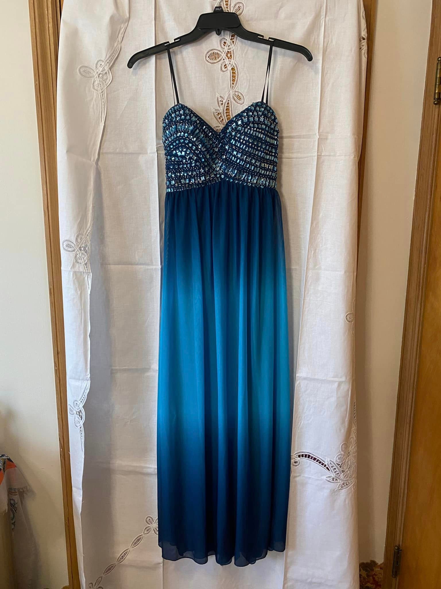 Size 11 B Smart Blue Ombre Rhinestone Spaghetti Strap Midi Length Zip back Prom