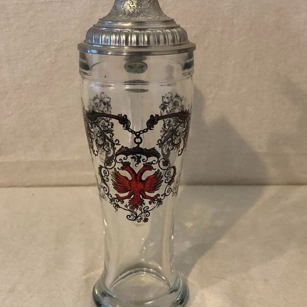 Vintage Pewter Lidded Coat Of Arms German Inn Tavern Glass Beer Stein/Mug