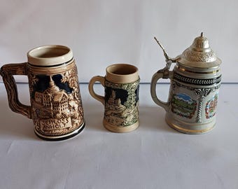 Lot of Mini Stoneware Beer Steins & 1 Ceramic Stein - 1 Pewter Lid - 2 Mug Style