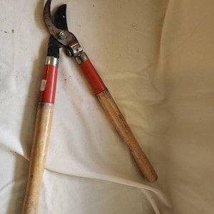 May include: A pair of rusty pruning shears with wooden handles and red accents. The shears are lying on a white fabric surface.