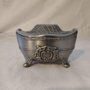 Vintage Brushed Silver/Pewter Toned  Footed Ornate Trinket Box