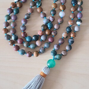 Hand knotted 108 bead mala. Ocean jasper.