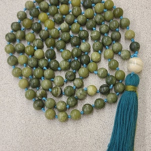 Hand knotted 108 bead mala. Olivine jade