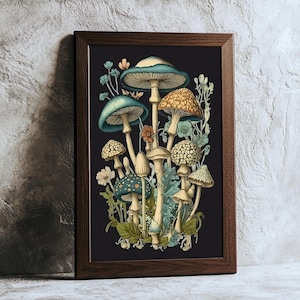 Póster de hongos con estilo de dibujo botánico retro en descarga digital ilustrativa