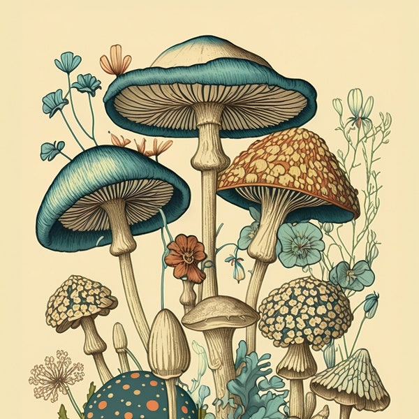 Vintage Botanical Style Mushroom Art Digital Download