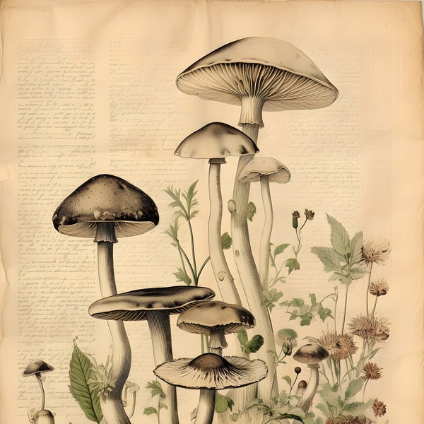 Vintage Mycology Fungi Botanical Sketch on Parchment Digital Download